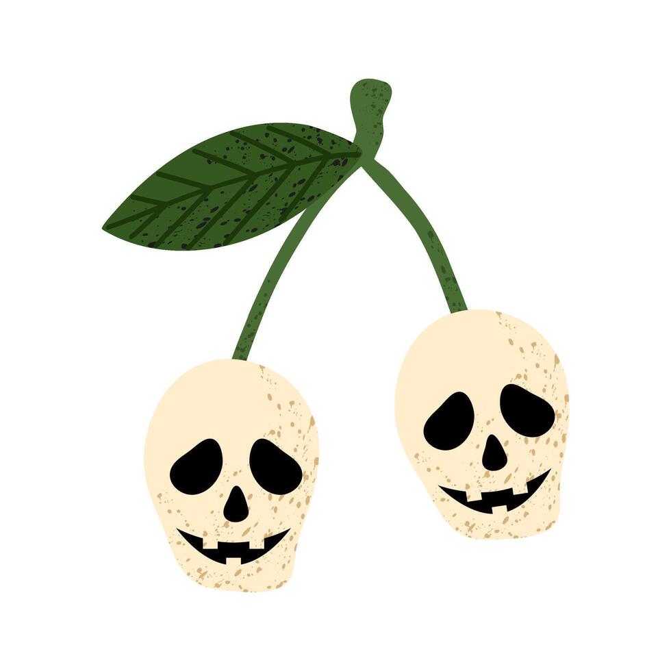 Cartoon cherry skull. Halloween. Festive food, decor. Pair skull on branch with green leaf in flat style. vector