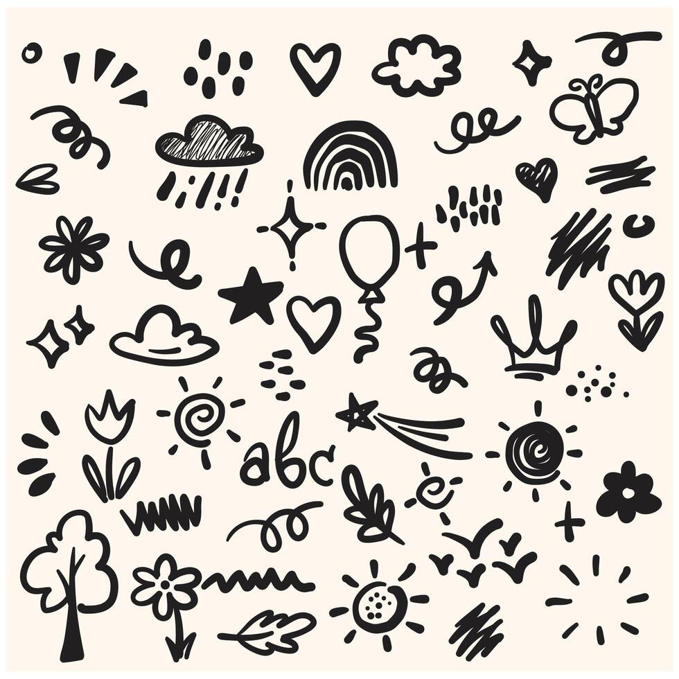 Hand drawn kid icon sketch funny cute element flower, cloud, balloon With illustration style doodle and line art vector