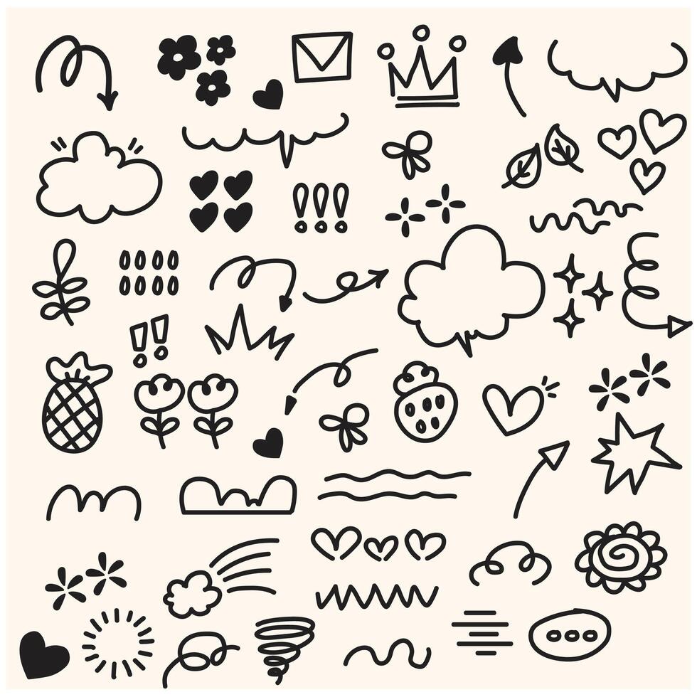 Set of cute pen line doodle element With illustration style doodle and line art vector