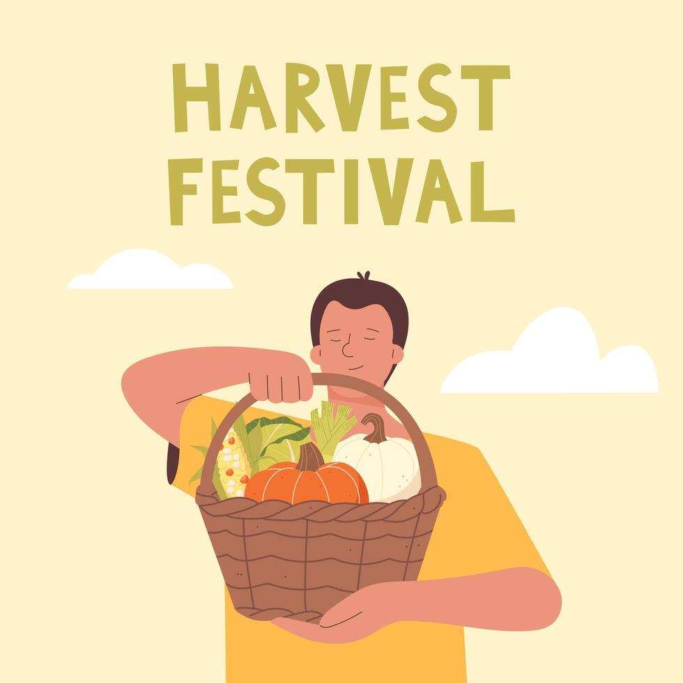 man holds a basket of vegetables in his hands. Harvest festival vector