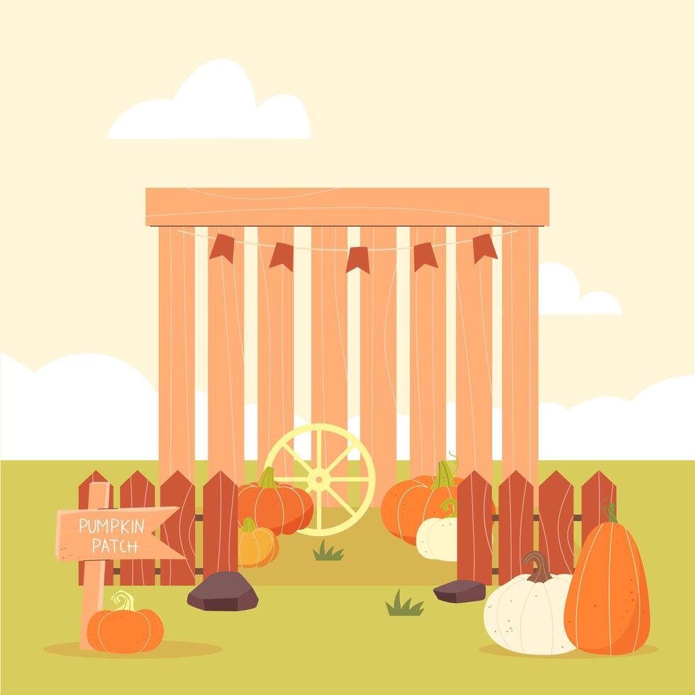 Fall festival.Thanksgiving day. A wooden stand at a pumpkin party. Happy autumn vector
