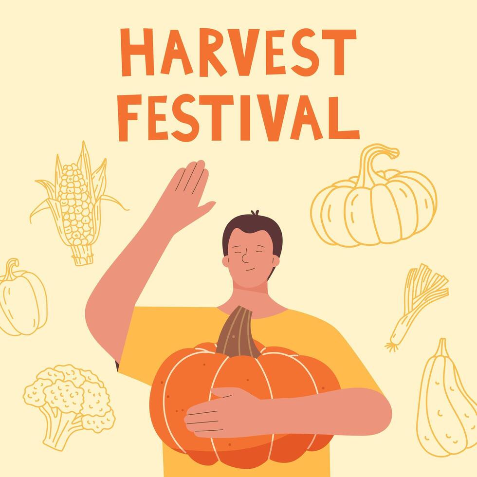 man holds a pumpkin in his hands. Harvest festival background vector