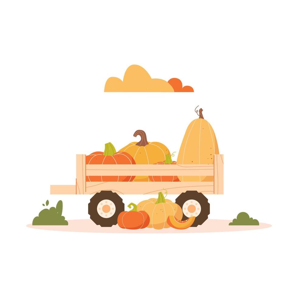 Wooden trailer with pumpkins on a white background vector