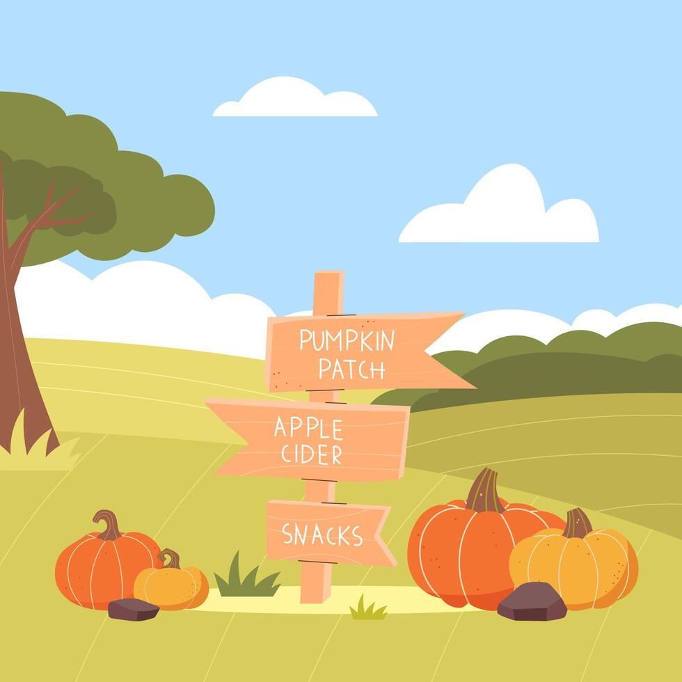 Harvest Festival. Fall festival. Wooden pointer. Pumpkins are lying on the field vector