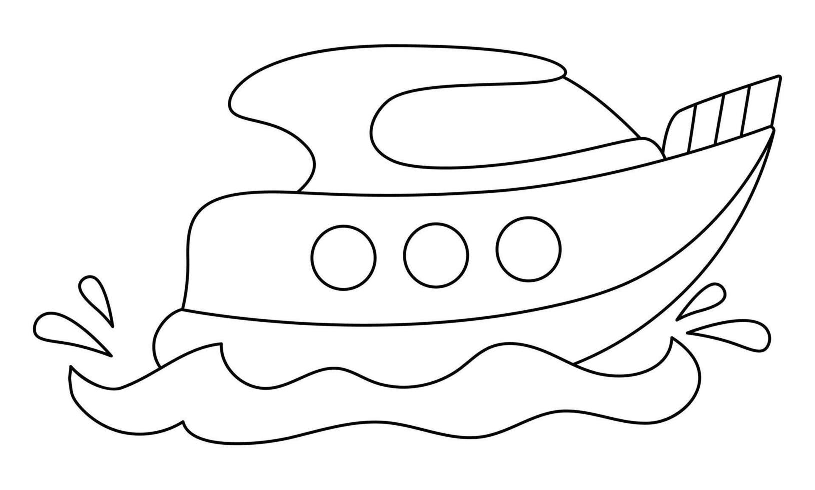 black and white speedboat with waves and splashes. Water transport line icon. Funny nautical transportation boat clipart for kids. Cute marine vehicle icon or coloring page for children vector