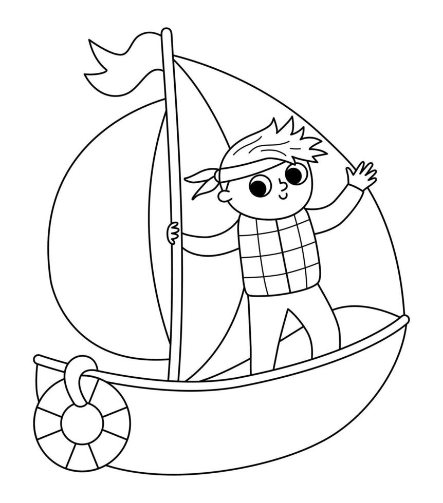 black and white yacht with sails, life circle and sailor. Water transport icon. Funny nautical transportation boat line clipart for kids. Cute marine vehicle icon or coloring page vector