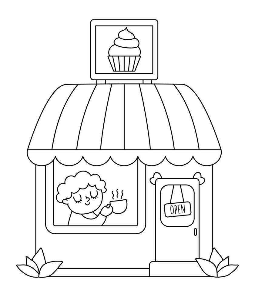 black and white cozy cafe with man drinking tea isolated on white background. Small coffee house line illustration or coloring page. Cute kiosk with pastry and cakes vector