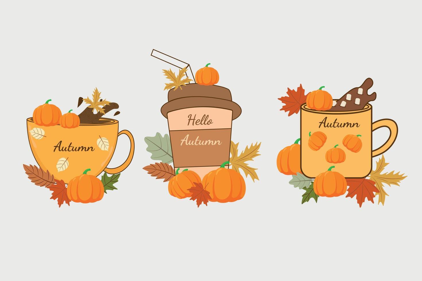 Cozy season. Set of hot drinks. A cup of hot cocoa decorated with fall leaves and pumpkins. Decor for Thanksgiving Day. vector