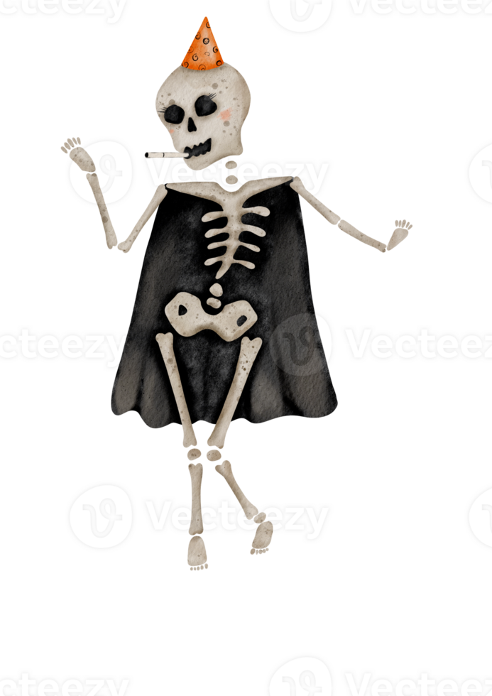 Dark Humor Celebration. Spooky Skeleton with a Cigarette at a Bizarre Birthday Party png