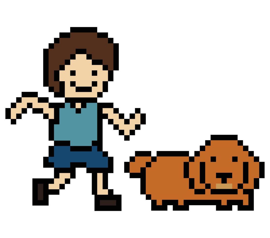 Cute pixel cartoon 8bit character man run walk with dog pupey at park fun lifestyle decoration life style 8 bit male boy jog dog owner exercise. vector
