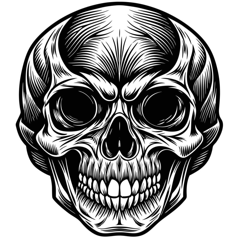 a black and white skull with a black face and a white background. vector