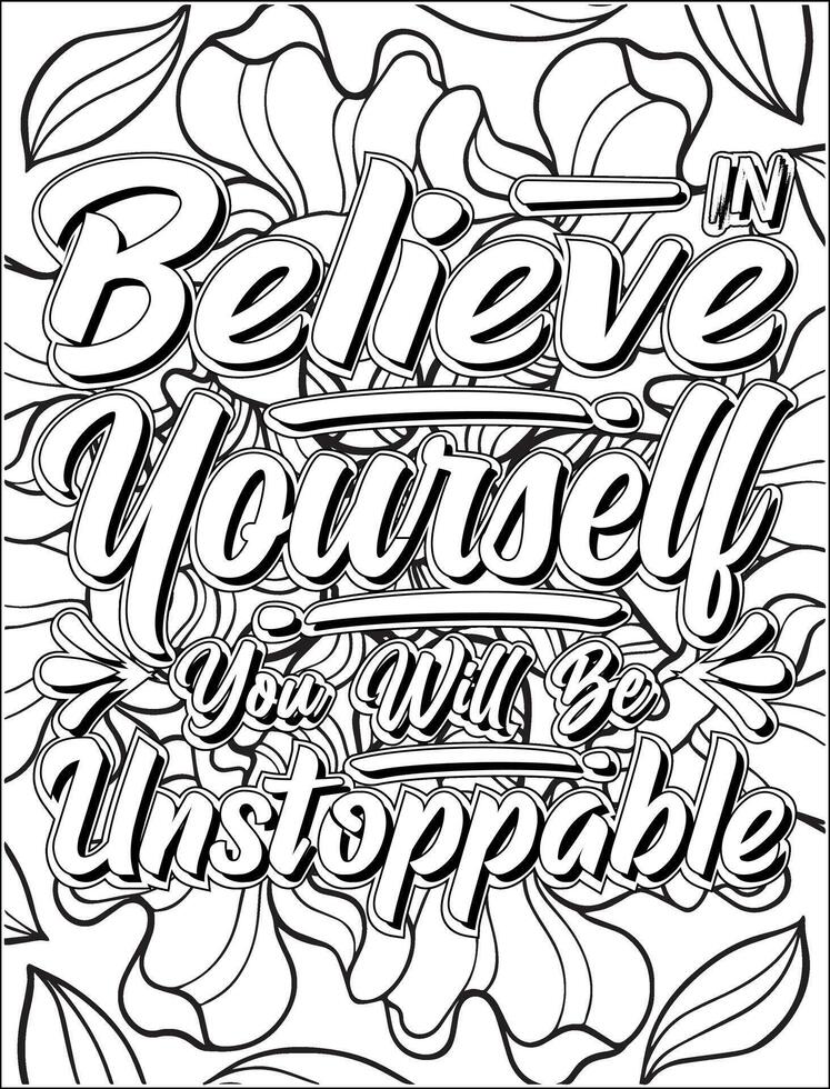 Believe yourself you will be unstoppable quote coloring page for adults. Inspirational quote coloring page. vector