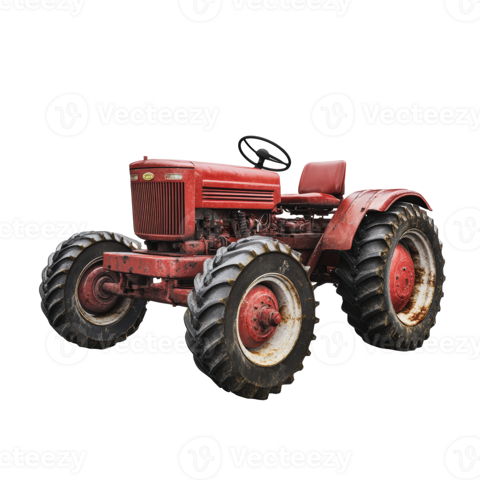 Vintage red tractor with large tires in a field png