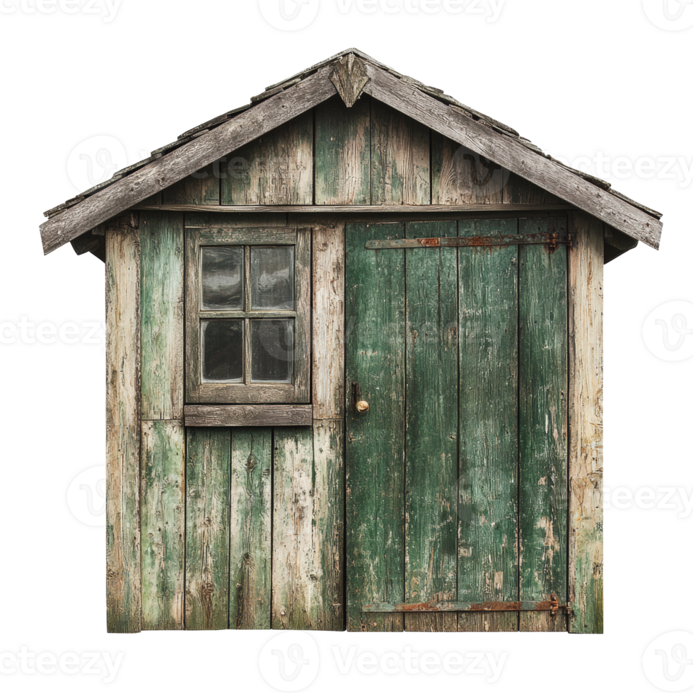 Old weathered shed with green wooden walls png