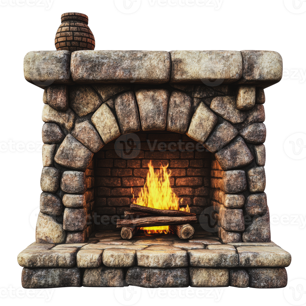 Rustic stone fireplace with glowing flames png