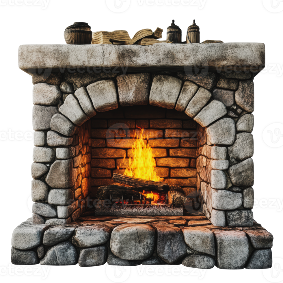 Cozy stone fireplace with firewood and books png