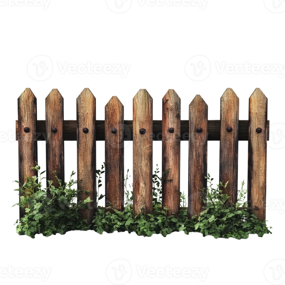 Wooden picket fence with greenery at the base png