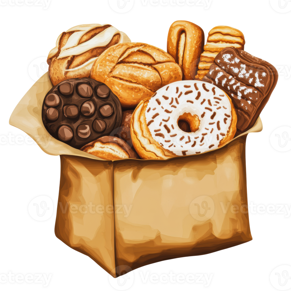 Assorted baked treats in a paper bag png