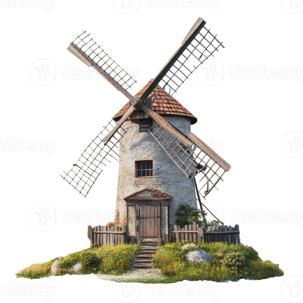 Old windmill surrounded by grassy landscape png