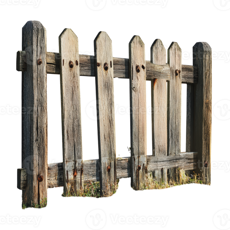 Wooden fence with weathered planks in sunlight png