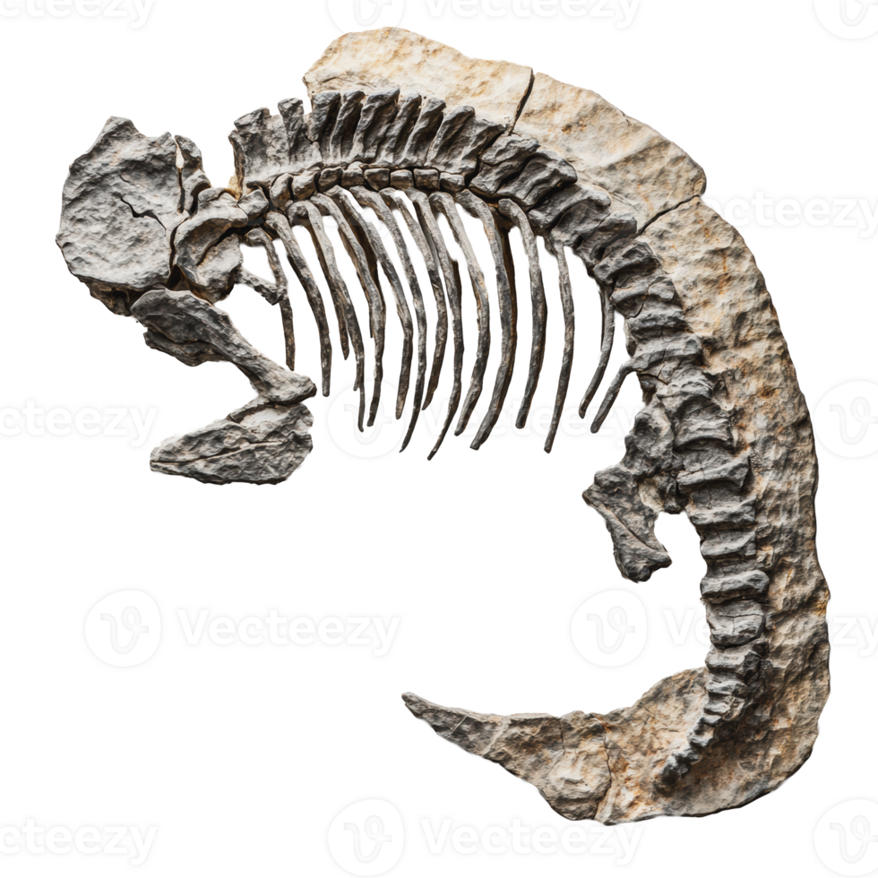 Fossilized marine creature skeleton on display png