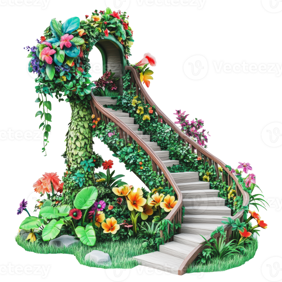 Enchanted garden staircase with vibrant flowers png