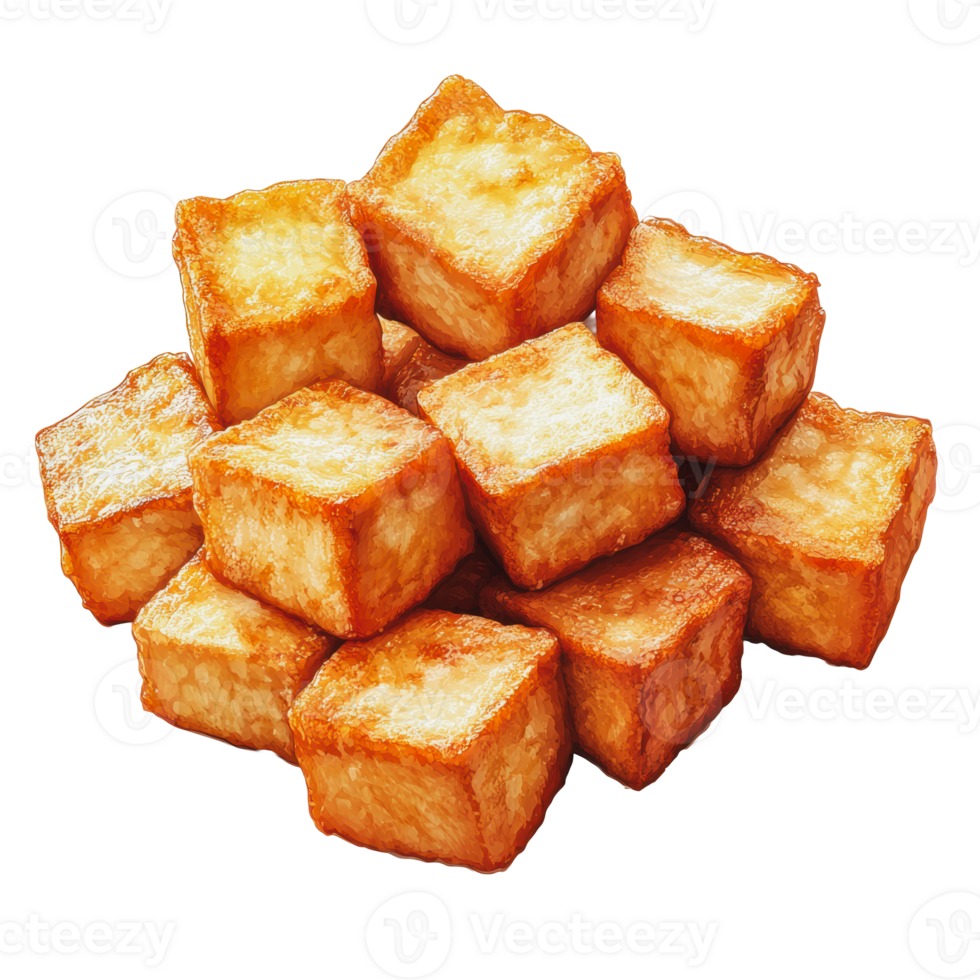 Fried tofu cubes stacked on a plate png