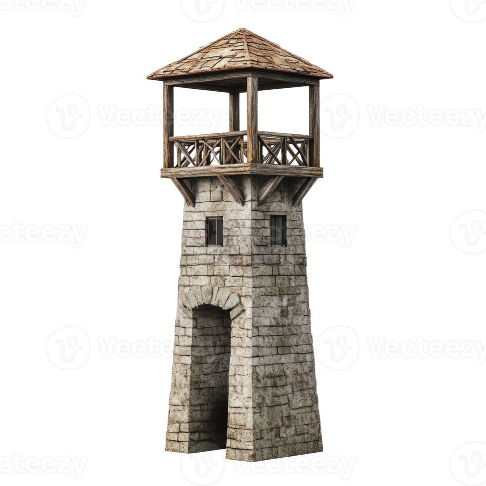 Stone watchtower with wooden observation deck png