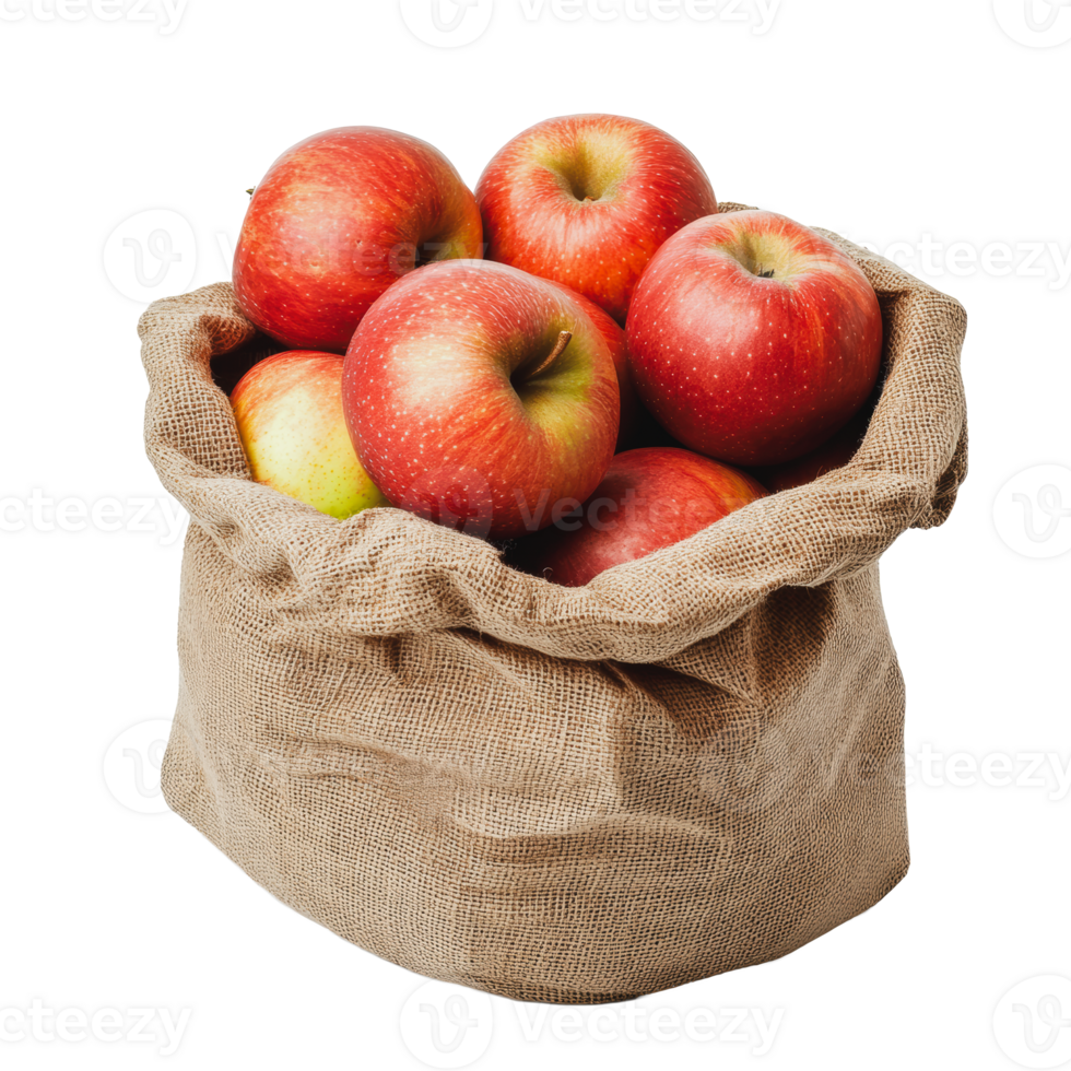 Fresh red apples in a burlap sack on display png