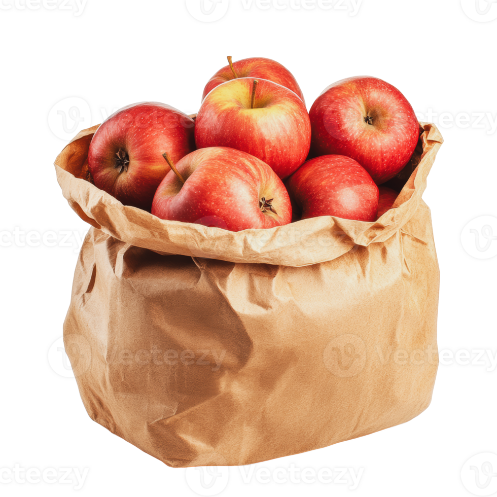 Fresh red apples in a brown paper bag png