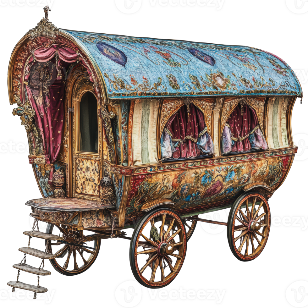 Ornately decorated gypsy caravan in sunlight png