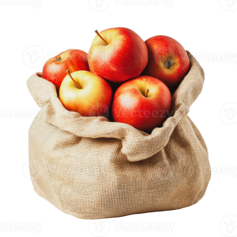 Fresh red apples in a burlap sack png