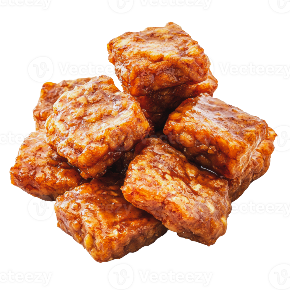 Crispy coated tempeh stacked on a plate png