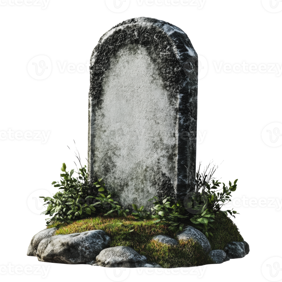 Old gravestone surrounded by grass and stones png