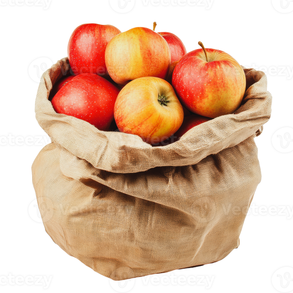 Fresh apples in a burlap sack on a wooden table png