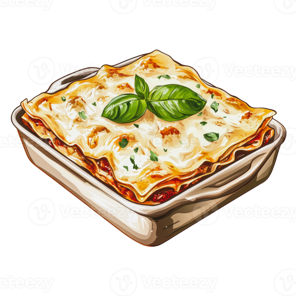 Delicious homemade lasagna with fresh basil png
