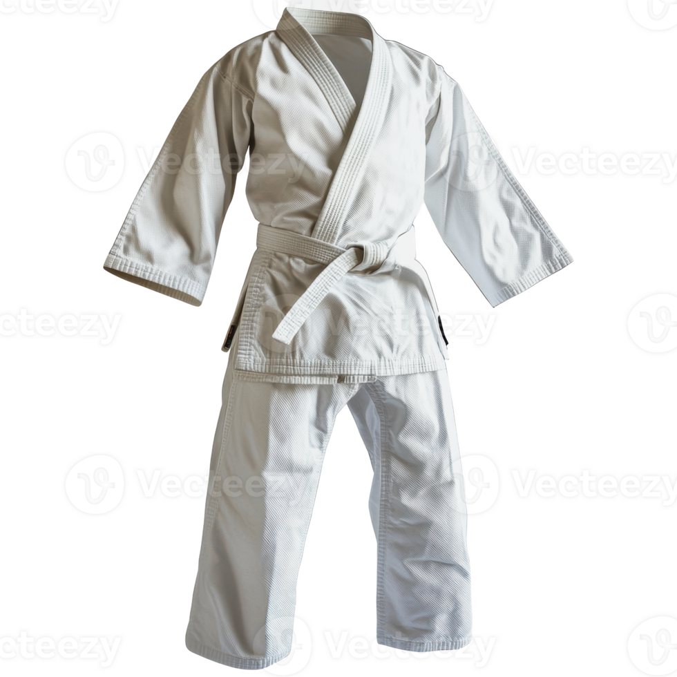 White martial arts uniform displayed on a stand png