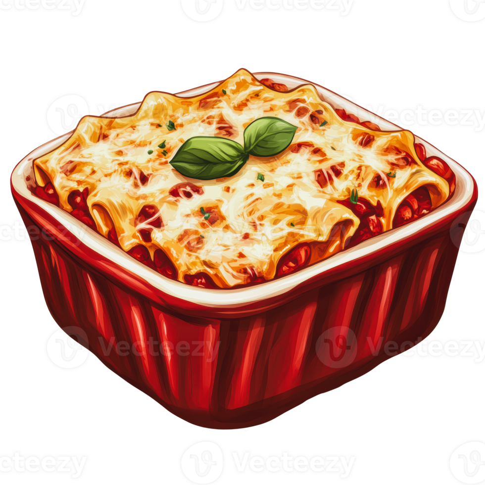 Homemade lasagna with cheese and basil garnish png