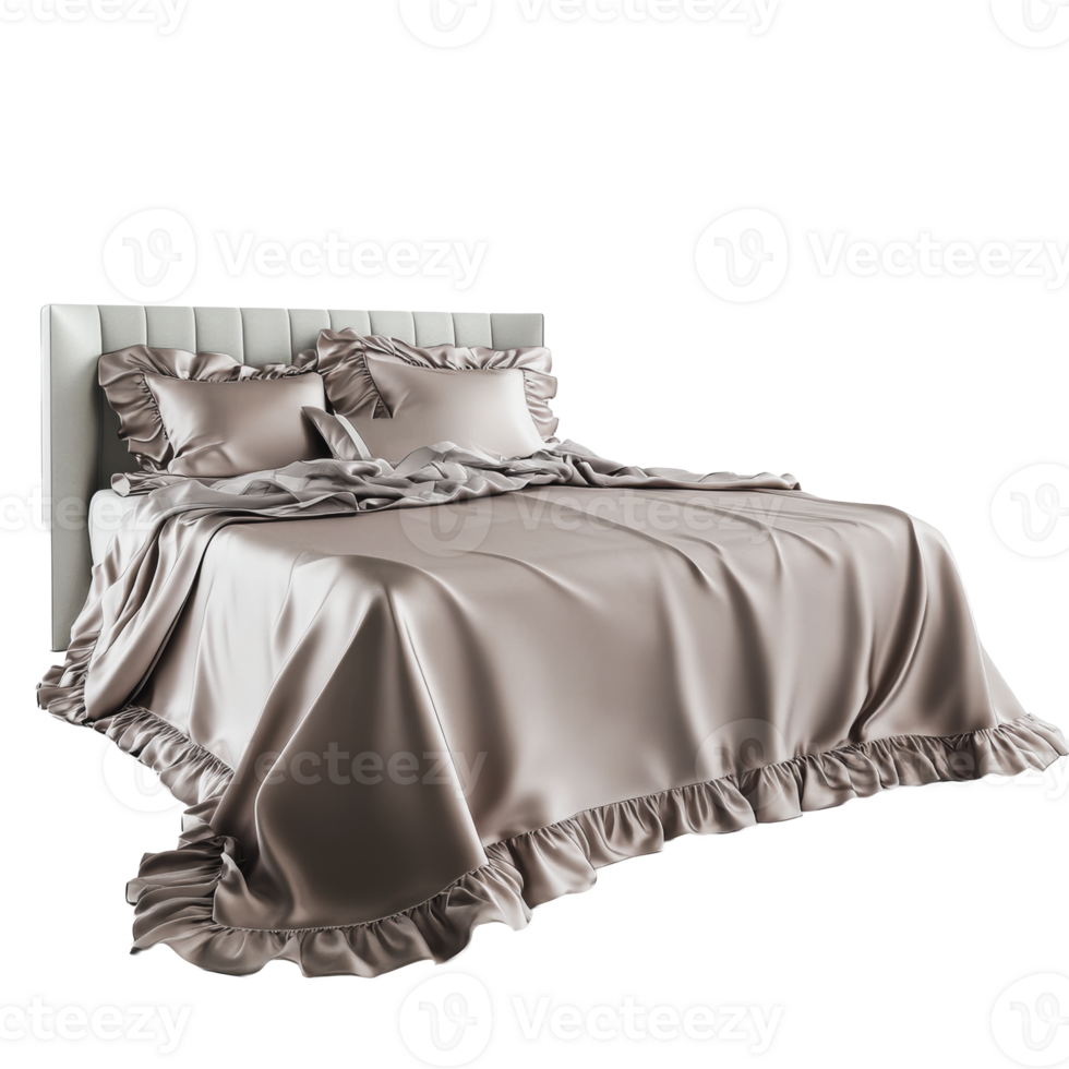 Elegant bed with ruffled bedding in neutral tones png