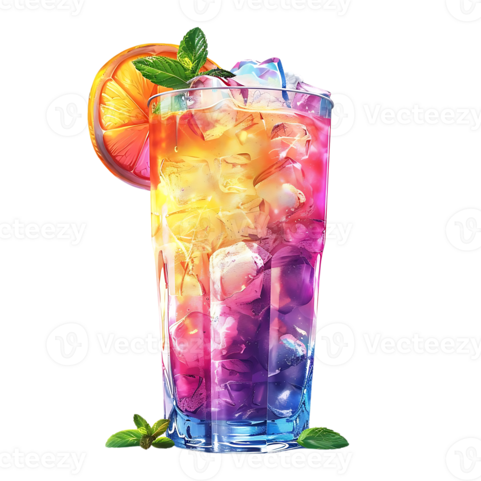 Colorful Cocktail Illustration with Orange Slice, Mint, and Ice Cubes png