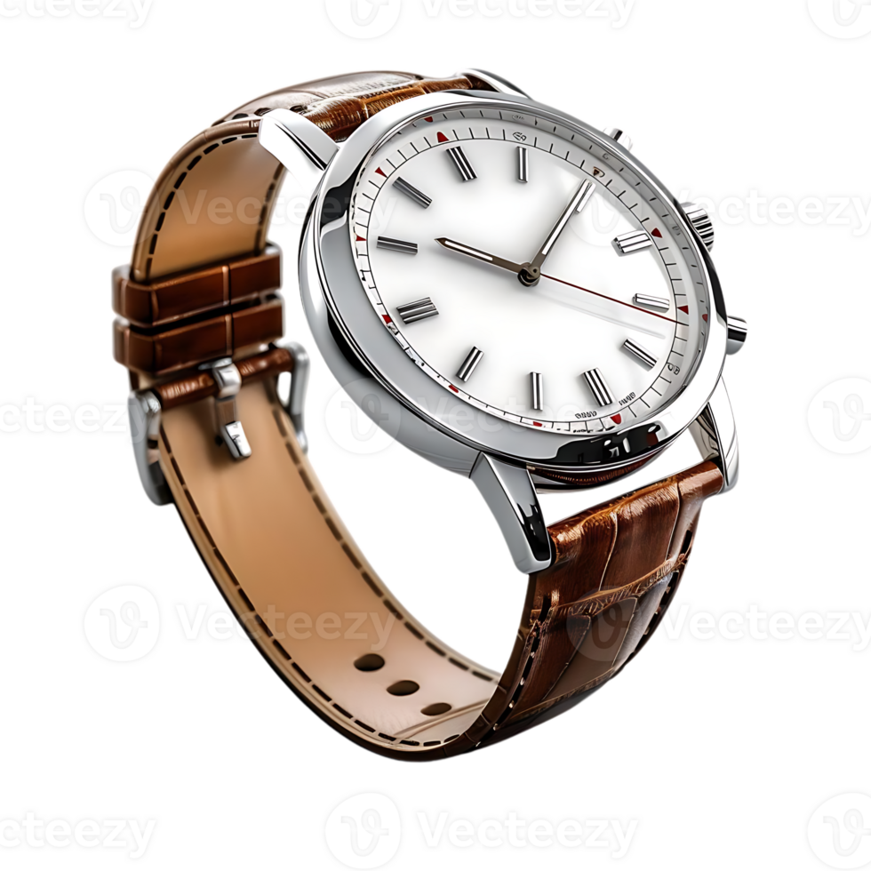 3D Illustration of a Silver Wristwatch with Brown Leather Strap png