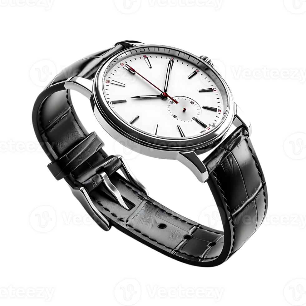 Classic Silver Wristwatch with Black Leather Strap Illustration png