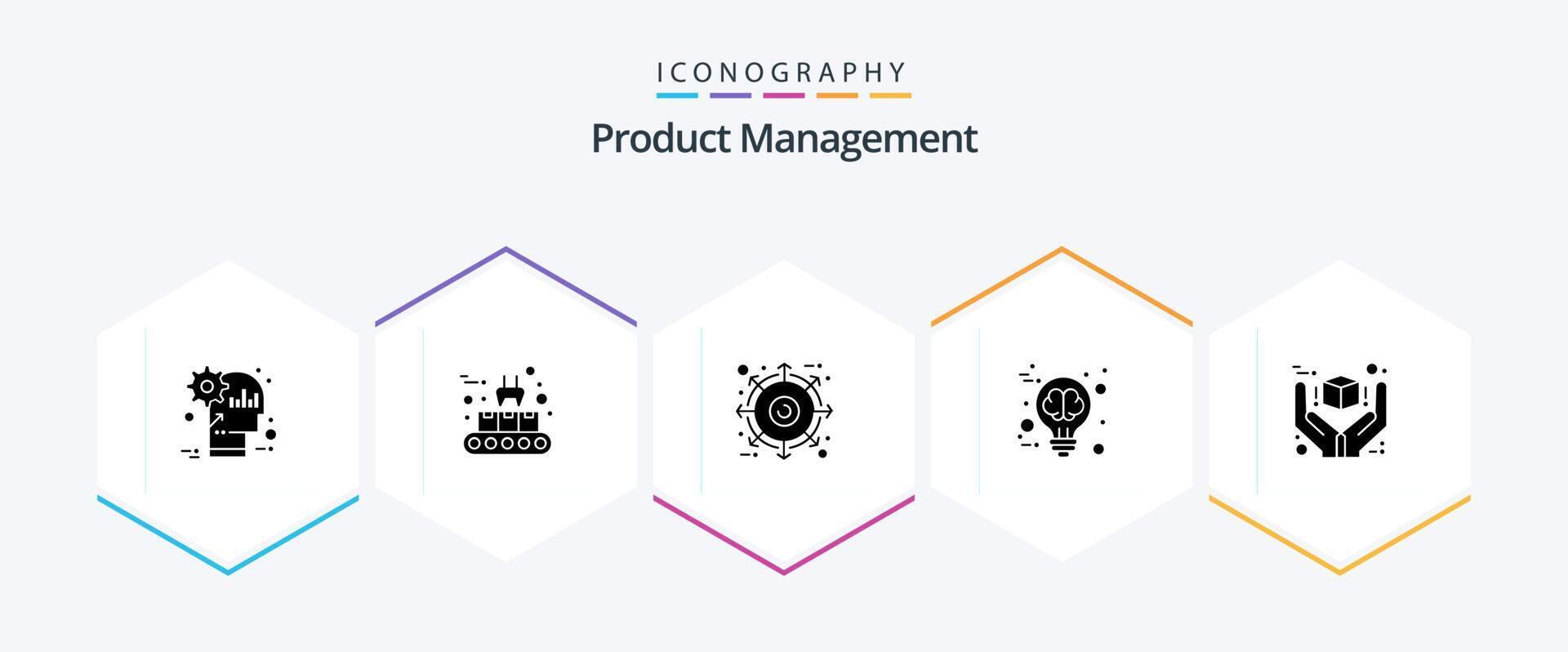 Product Management 25 Glyph icon pack including great idea production line creative product vector