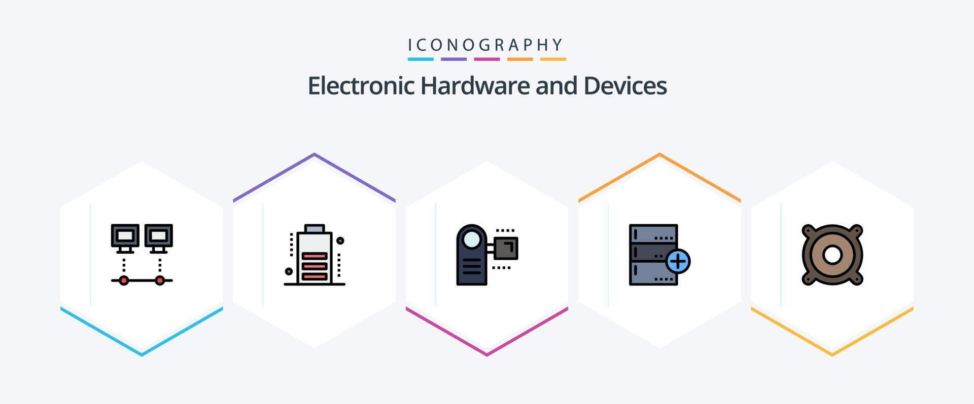 Devices 25 FilledLine icon pack including database base camcorder backup equipment vector