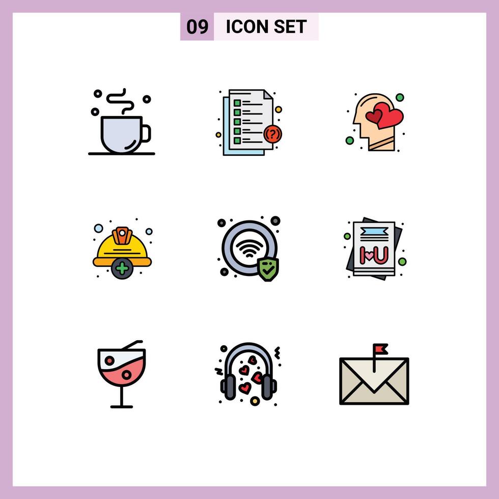 9 User Interface Filledline Flat Color Pack of modern Signs and Symbols of labour hard emotions cap human Editable element Design Elements vector
