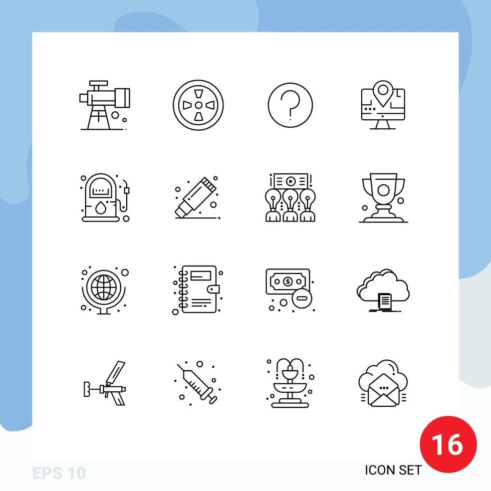 Mobile Interface Outline Set of 16 Pictograms of gasoline energy help education map Editable element Design Elements vector