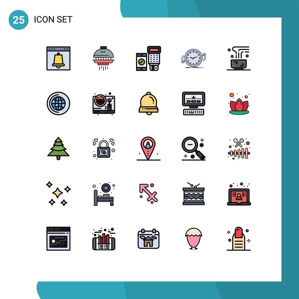 Modern Set of 25 Filled line Flat Colors and symbols such as time clockwise ufo clock scan Editable element Design Elements vector