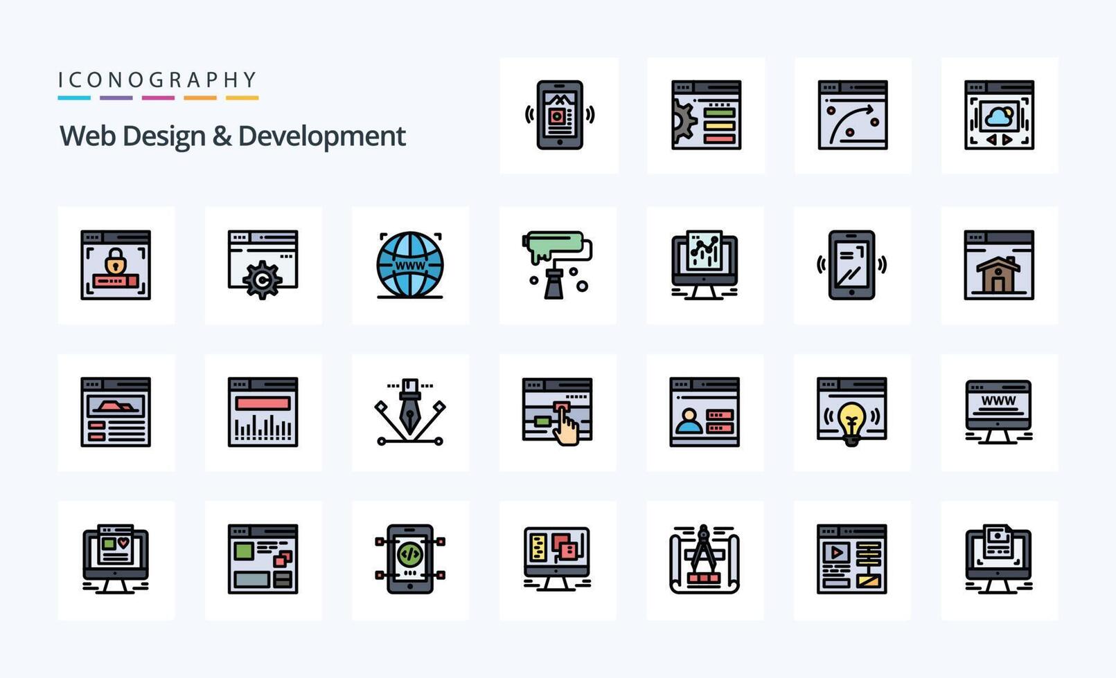 25 Web Design And Development Line Filled Style icon pack vector