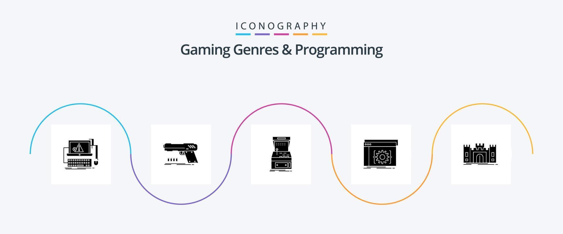 Gaming Genres And Programming Glyph 5 Icon Pack Including coding api shooter play game vector