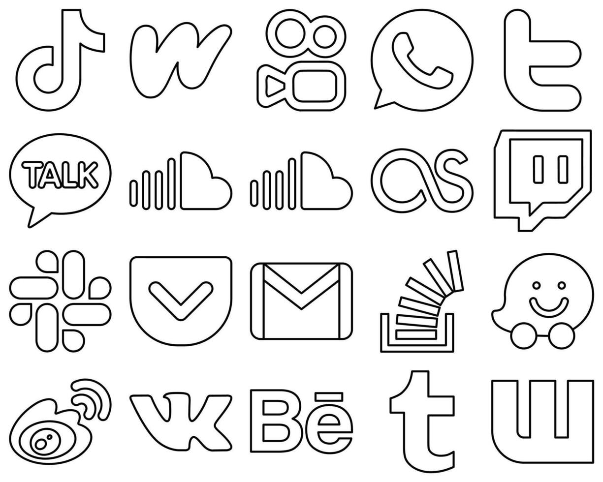 20 High quality and modern Black Outline Social Media Icons such as slack lastfm whatsapp music and soundcloud icons Elegant and high resolution vector